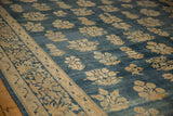 Distressed Antique Kerman carpet: worn blue field, ivory floral bouquets, millefleur border.