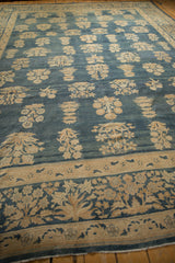 Antique Kerman rug's millefleur border with distressed denim blue and ivory pile.