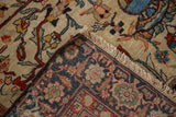 A folded corner of a fine Farahan Sarouk rug revealing its detailed, hand-knotted foundation.