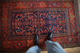 A personal viewpoint of the antique Hamadan rug's navy Herati field and red border.