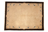 Antique Chinese Art Deco carpet: ivory field, charcoal border with sapphire blue stylized motifs.