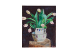 Grace B. Keogh oil painting of pink tulips in a patterned pitcher against a dark background.
