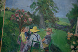 Angled detail of the oil painting showing figures in a lush garden setting.