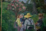 Four figures gathered in an impressionistic garden scene with a pink flowering tree.