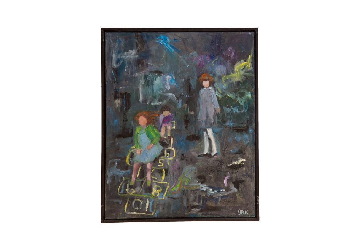 Grace B. Keogh's oil painting "Hop Scotch Girls," an abstract composition with a moody, dark color palette.
