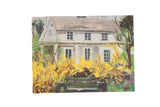 Grace B. Keogh's oil painting of a white house with vibrant yellow forsythia.