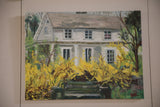 Full view of the contemporary oil painting of a white house and forsythia.
