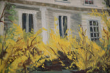 Textured oil paint brushstrokes showing yellow forsythia in front of the white house siding.