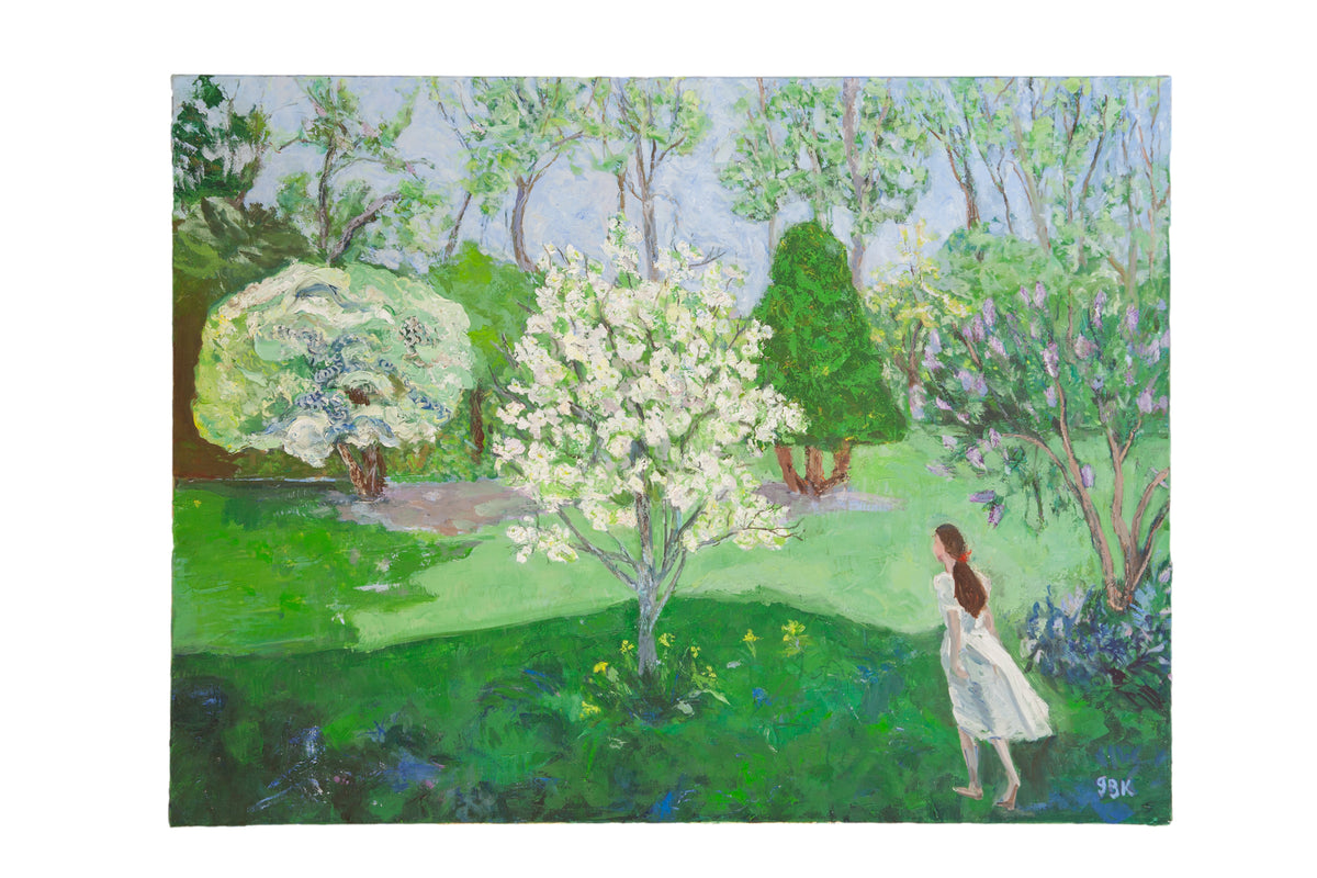 Grace B. Keogh's oil painting "Spring Awakening" showing a woman in a vibrant, blooming garden.