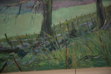 Textured oil brushstrokes on canvas showing a rustic fence and grassy foreground.