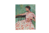 Grace B. Keogh's oil painting of a woman in a red floral dress against a green backdrop.