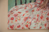 Angled detail of the oil painting, showing the textured canvas edge and floral dress.