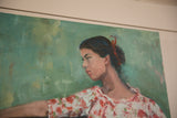 Angled view of the oil on canvas, showing textured brushwork on the woman's profile.