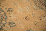 Close-up of worn texture and a unique figural roundel on an antique Persian Yezd carpet.