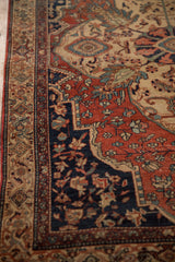Intricate turtle samovar border showing the even wear and texture of the vintage Sarouk rug.