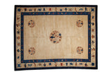 Antique Peking carpet with five roundel medallions on an ivory field, set within a navy blue symbolic border.