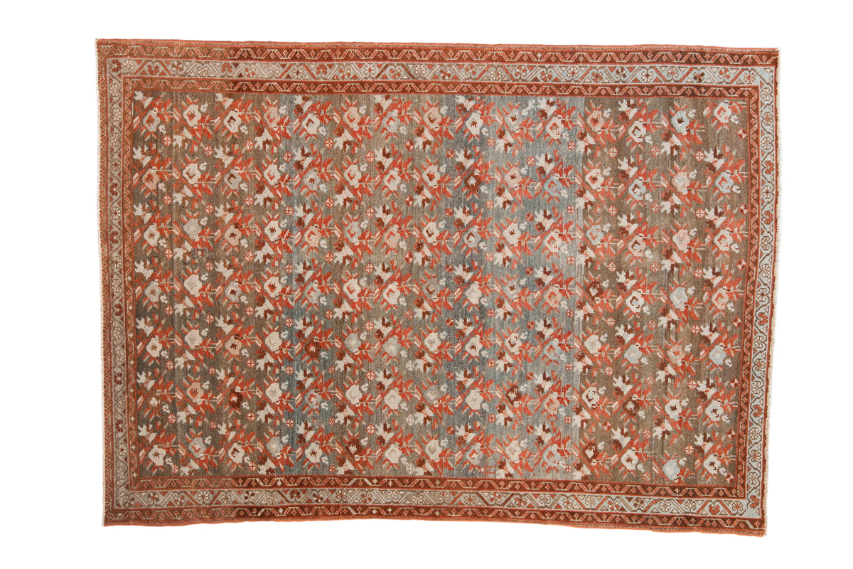 Distressed Persian Malayer rug with an allover design of floral bouquets in ruby red and dusty powder blue.