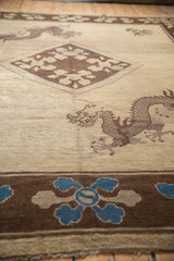 Detailed view of a five-toed dragon and sapphire blue floral border on an antique Peking carpet.