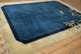 Angled view of the scalloped corner contour and short wool pile of a Peking carpet.