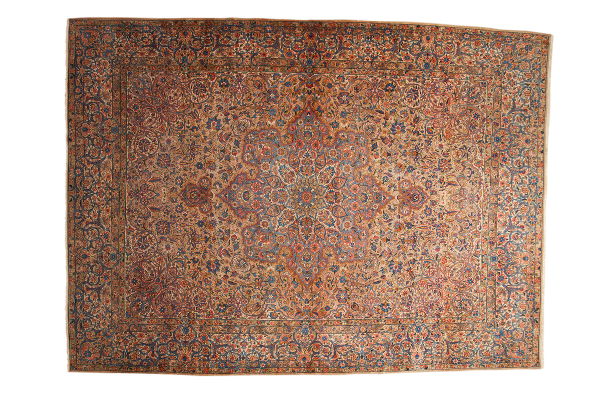 Vintage distressed Kerman carpet with a floral medallion and scrolling vines in soft sandalwood, blue, and red hues.