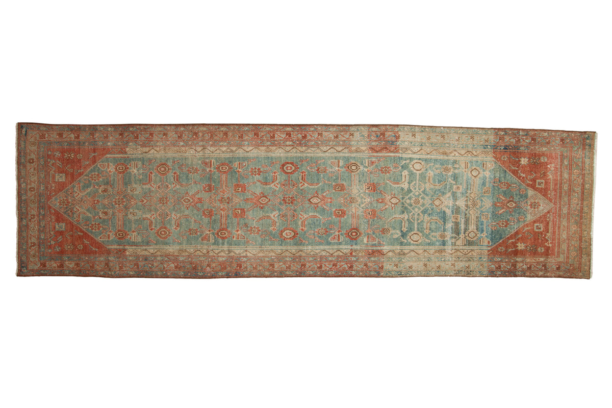 Vintage distressed Persian Malayer runner rug with an allover Herati lattice pattern in sky blue and ruby red.