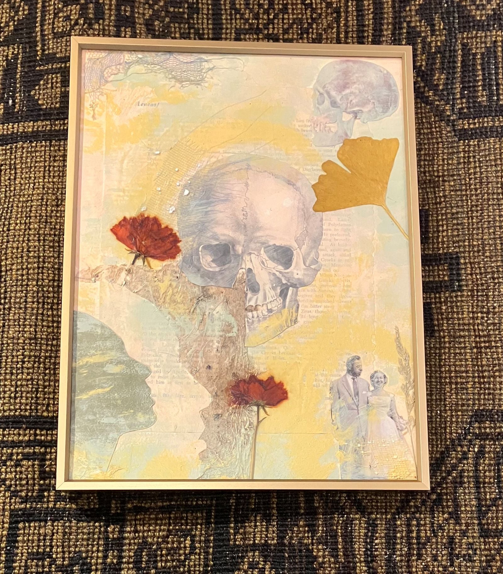 Framed Lillian Shad "Familial" mixed media art with skull, dried botanicals, vintage photos.