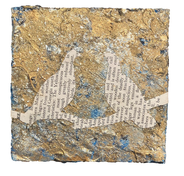 Lillian Shad "The Written Bird" original art with textured gold, blue, and vintage text bird.