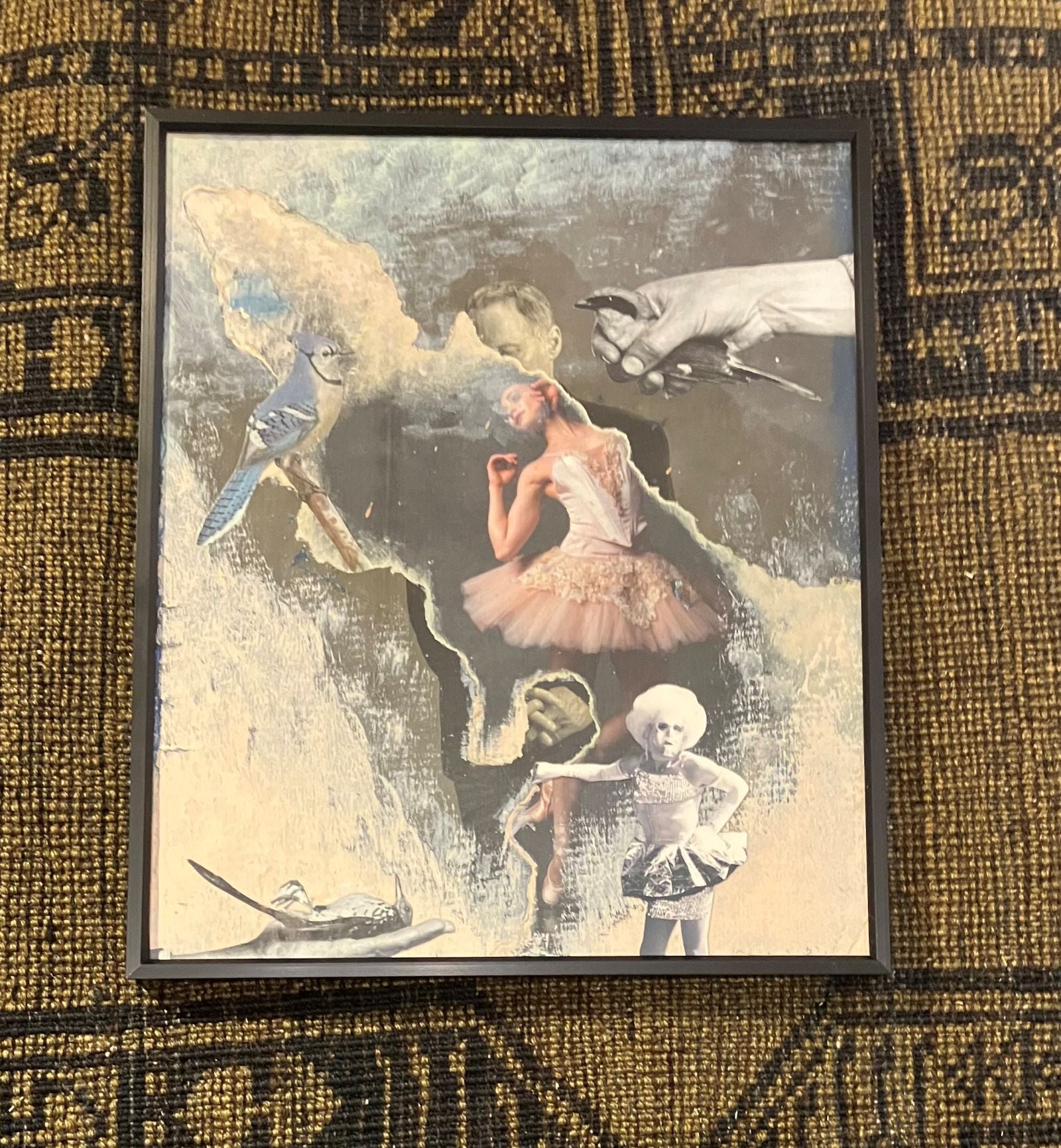 Textured mixed media collage by Lillian Shad showing a pink ballerina and blue jay.