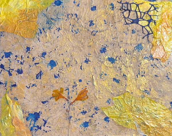 Lillian Shad 'Eternal Recurrence' abstract mixed media art, gold, blue, and textured botanicals, 10.5" x 8.5".
