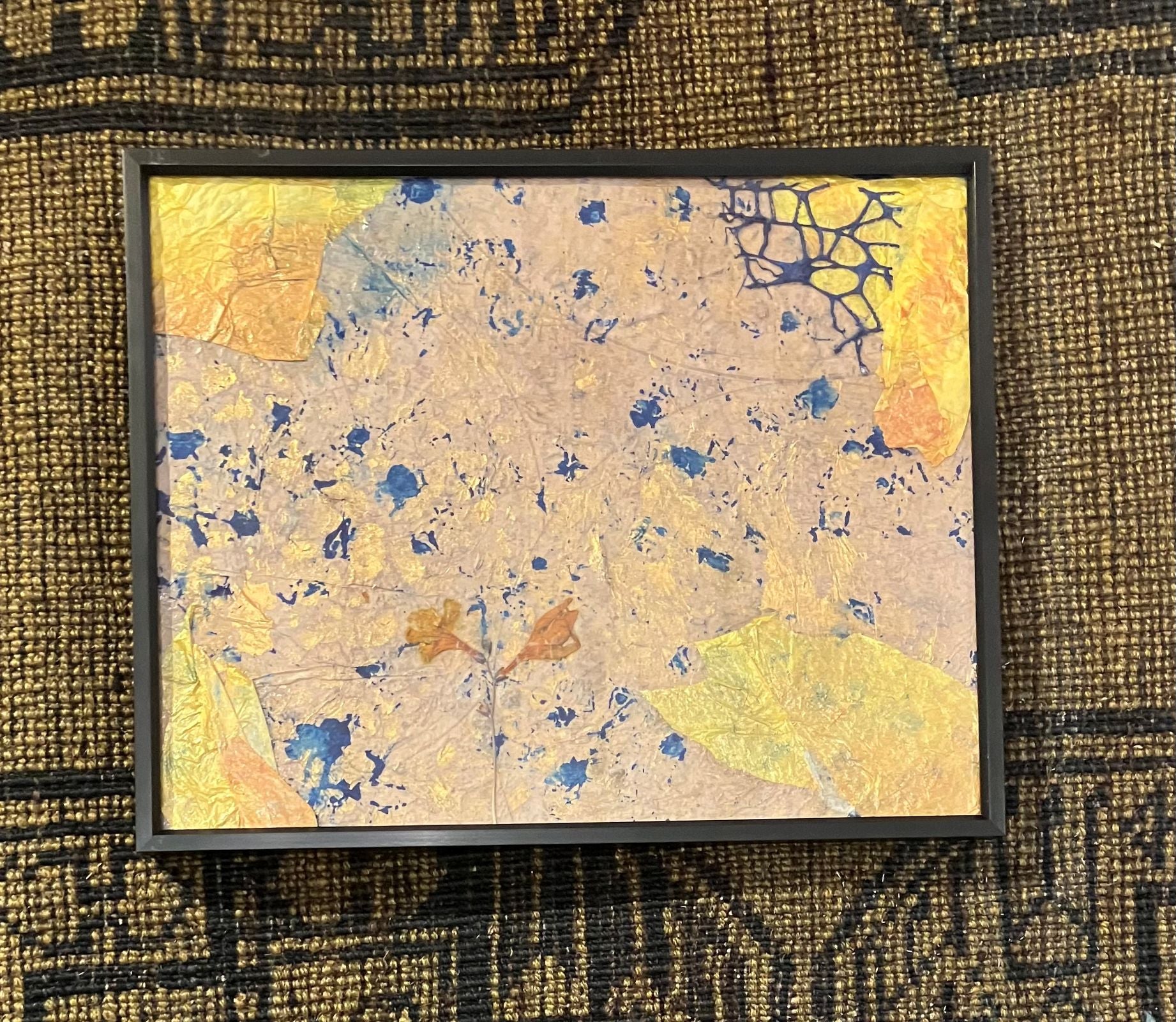 Lillian Shad art with layered yellow tissue, blue paint splatters, and delicate botanicals.