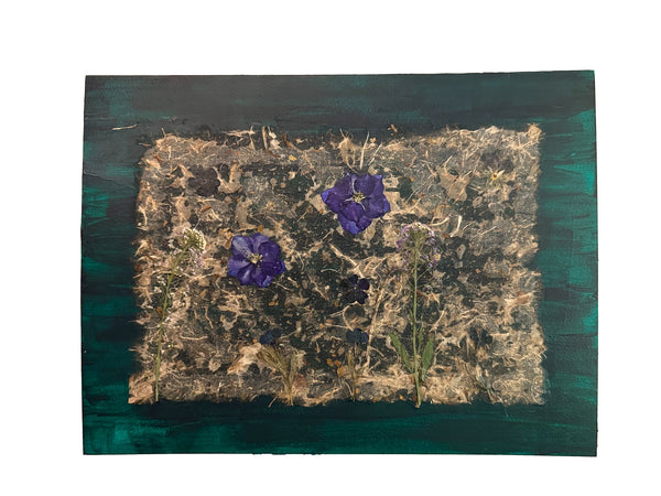 Lillian Shad "Form and Flux" mixed media art, purple botanicals, textured background, dark teal border.