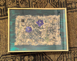 Lillian Shad 'Form and Flux' framed art with purple botanicals on textured paper and teal paint.
