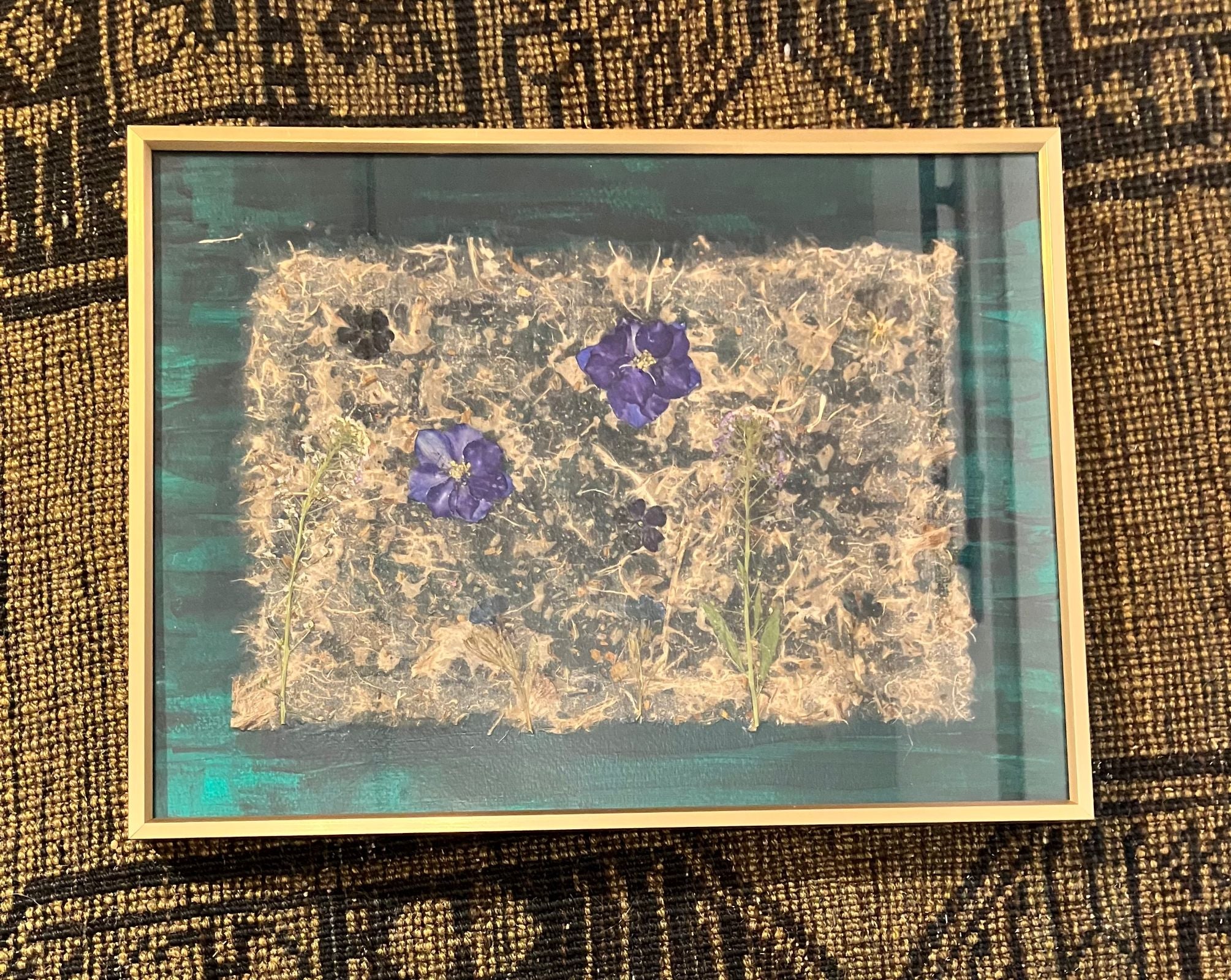Lillian Shad 'Form and Flux' framed art with purple botanicals on textured paper and teal paint.