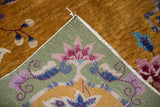 Hand-knotted foundation of the vintage Nichols Art Deco rug, showing celadon green and mauve details.