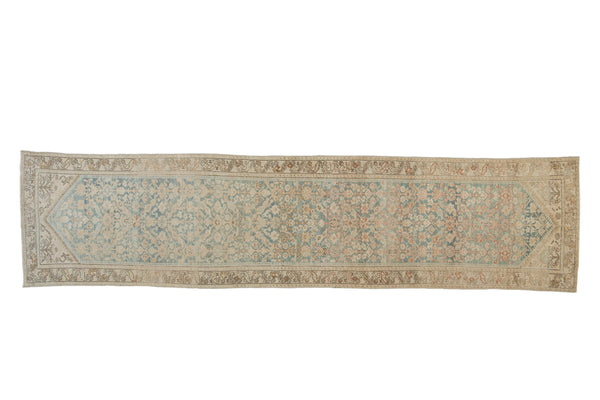 Muted pale sky blue and beige distressed Hamadan runner with allover henna plant pattern, 3'2" x 13'2".