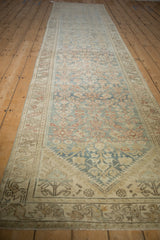 Distressed Persian Hamadan runner, faded blue and madder red henna motif, vine border.
