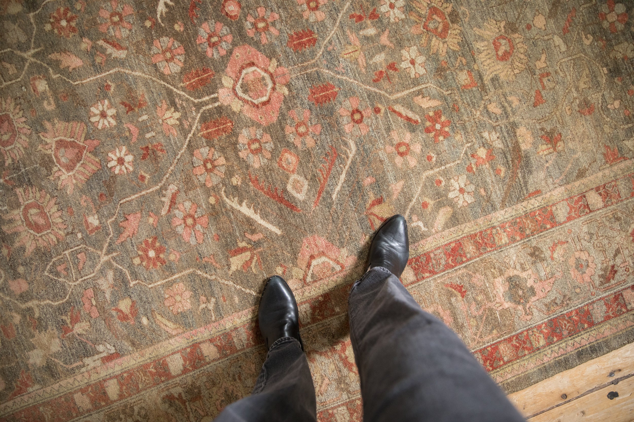 Hand-knotted antique Mahal carpet with germinating plant and pinwheel florals in olive, blush, and terra cotta.