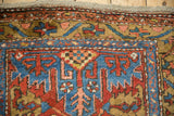 Northwest Persian runner border, geometric starburst, meandering vine, sapphire blue and brick red pile.
