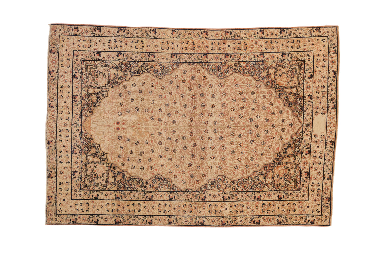 Antique Distressed Kerman rug, faded ivory and blush, sprawling tree of life pattern.