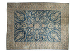 Vintage Distressed Yezd rug with allover cobalt blue field and ivory floral palmettes.