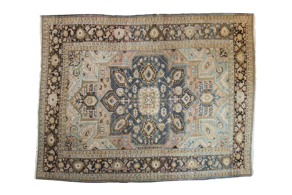 Distressed Heriz carpet with starburst medallion, dusty blue and sandalwood, 8'1" x 10'8".