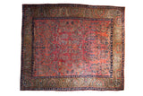 Antique Mohajeran Sarouk carpet, allover thousand flower design, raspberry red, olive, sapphire blue. 11' x 13'4