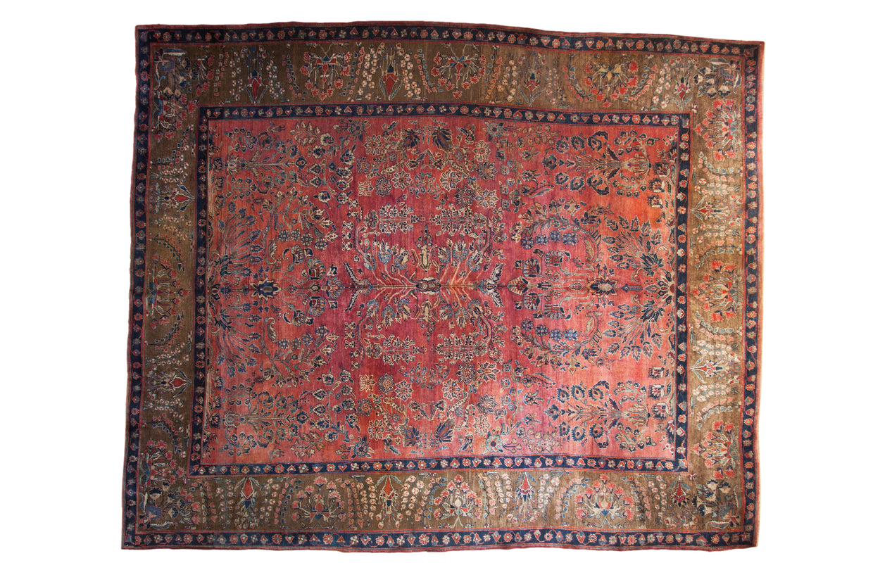 Antique Mohajeran Sarouk carpet, allover thousand flower design, raspberry red, olive, sapphire blue. 11' x 13'4