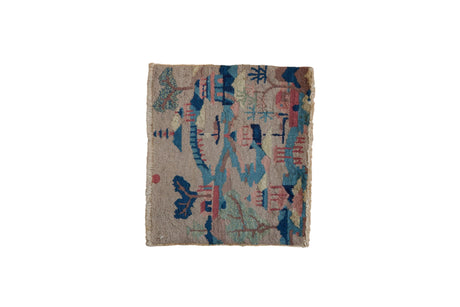Antique Art Deco square rug mat, landscape scene in beige, blues, and rose. 1'5" x 1'7".
