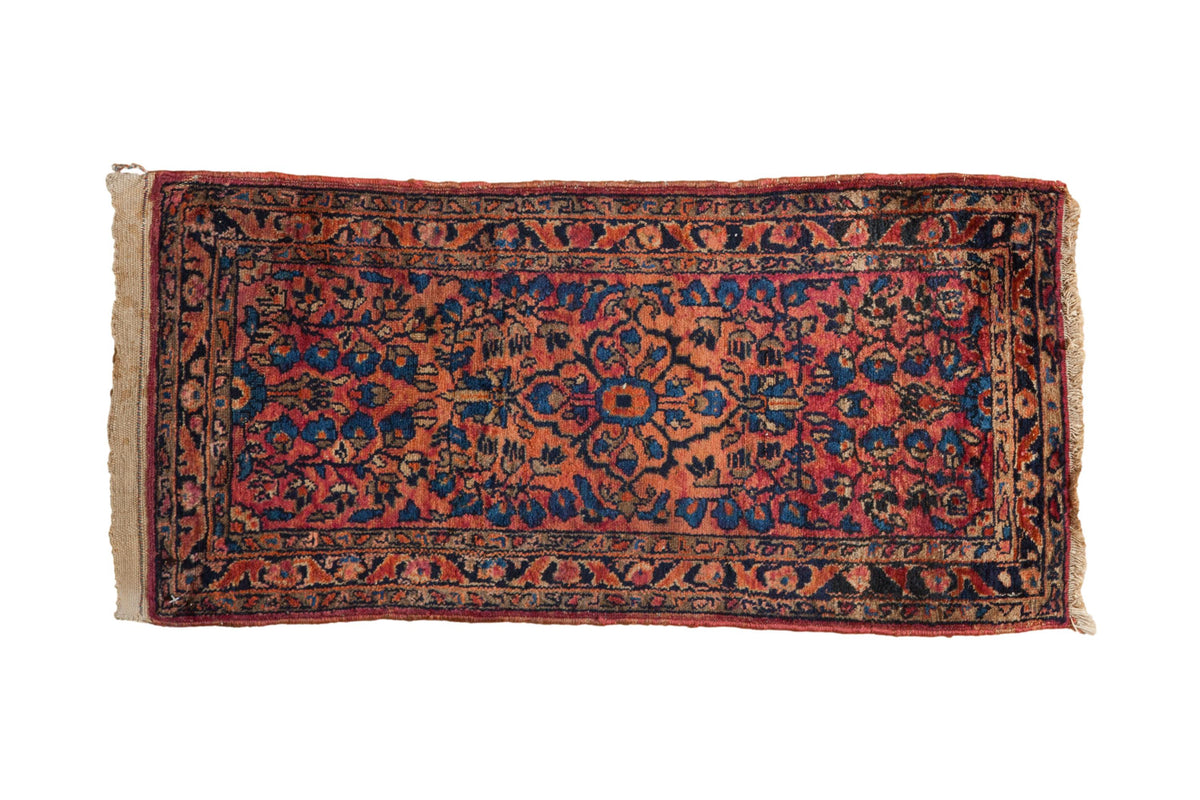 Antique Persian Lilihan runner with brick red field and sapphire blue floral motifs, 1'6" x 3'3".