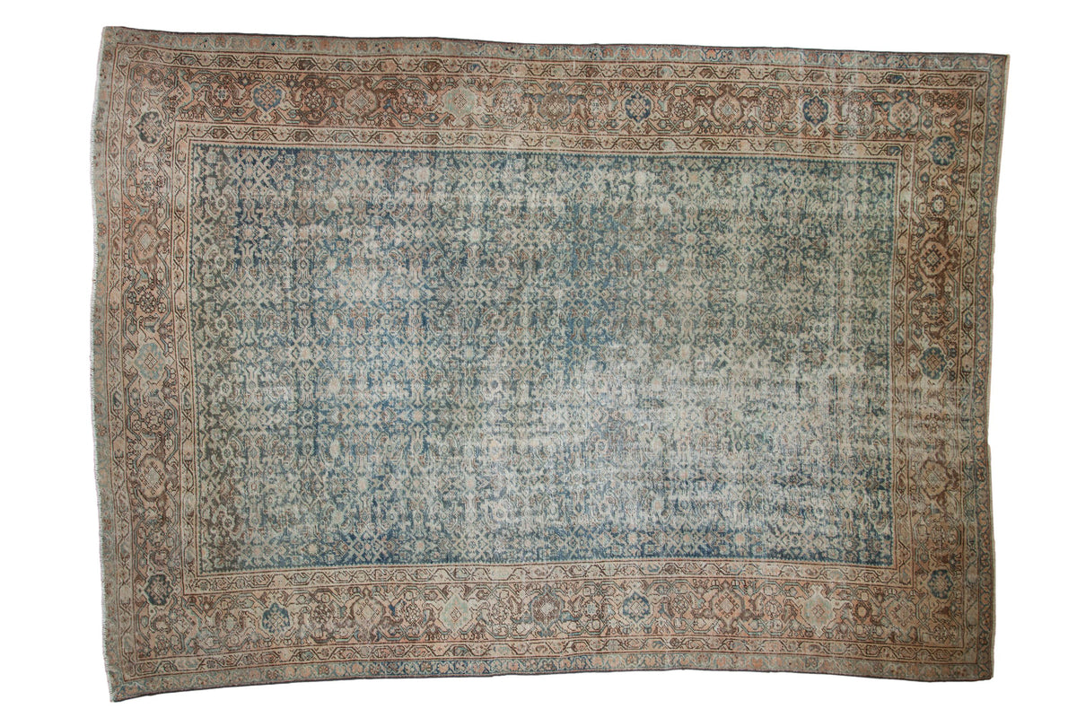 Distressed vintage Persian Mahal carpet with ocean blue green Herati field and ivory borders. 10'5" x 13'9".