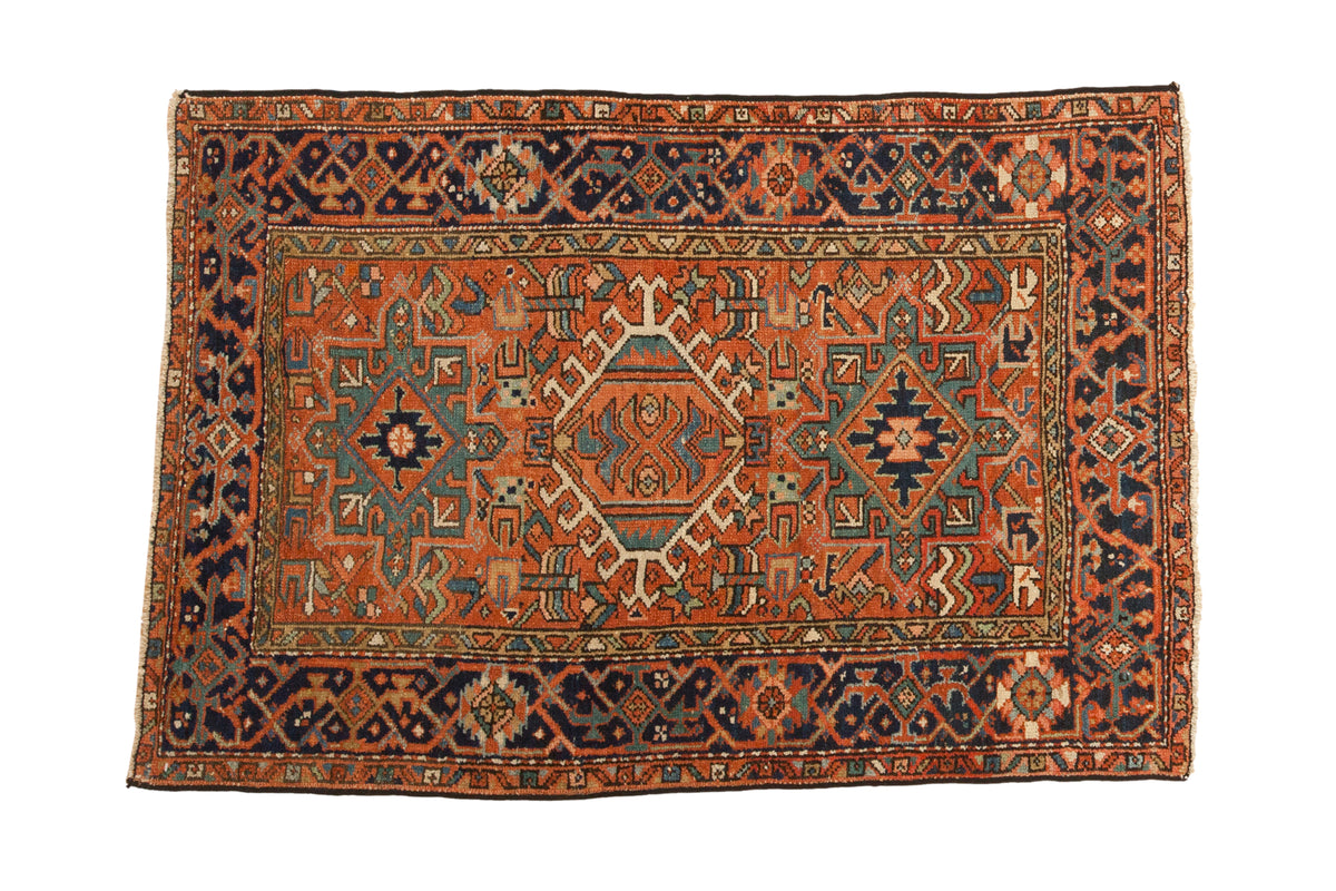 Vintage Karaja rug, brick red, navy medallions, Samovar Turtle border, 3'1" x 4'7".