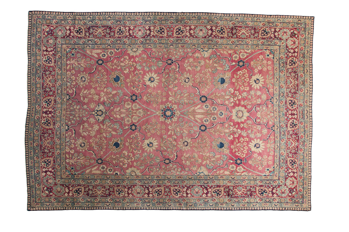 Antique Kerman carpet, blush field, roundel medallion, extensive floral designs, palmette borders, 8x12.