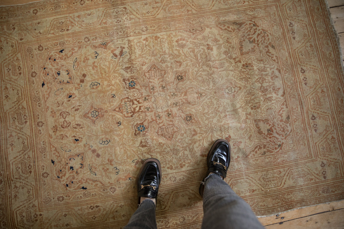Antique Tabriz rug featuring graceful curvilinear pattern in tone-on-tone beige, rust, and teal.