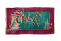 Antique Chinese Art Deco pictorial rug with a teal field, burgundy border, and pagoda.
